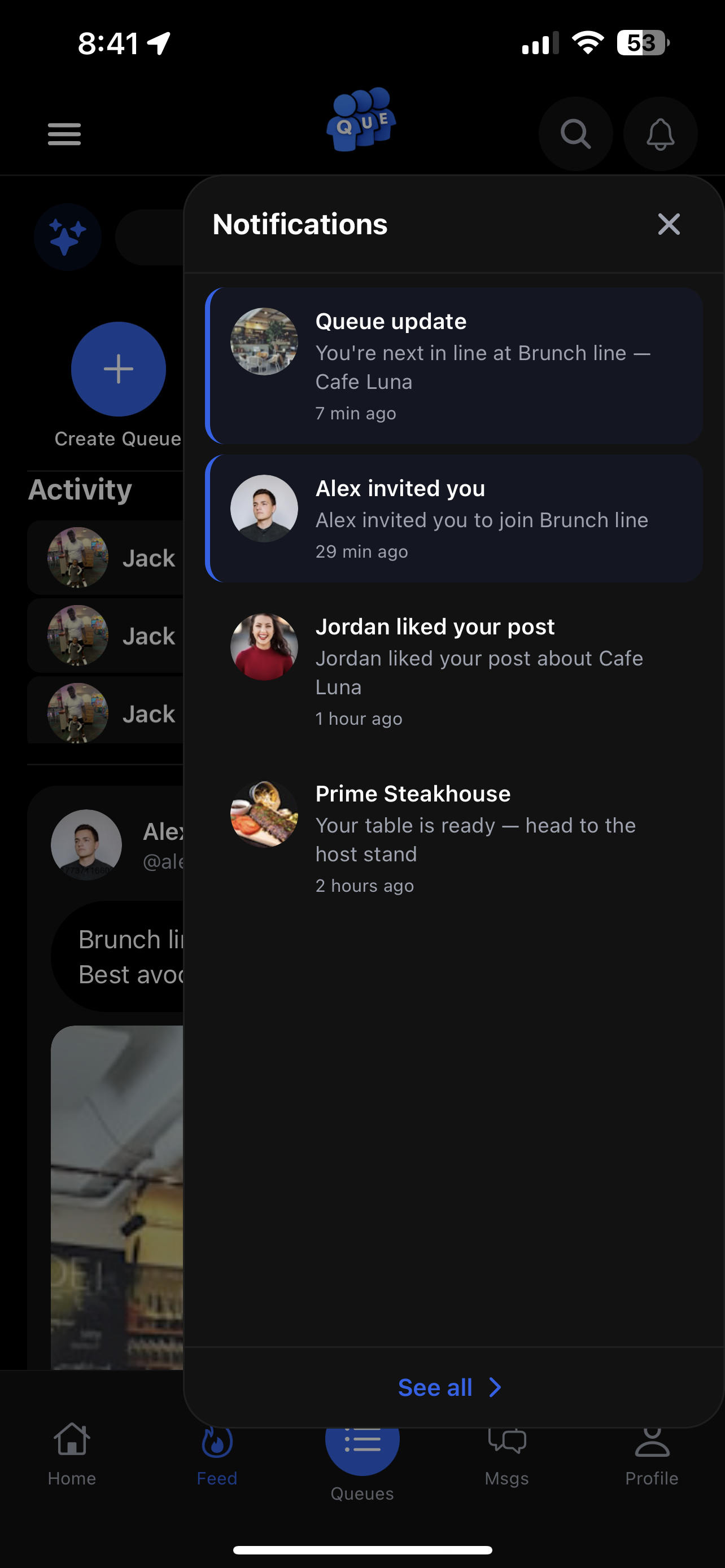 Notifications — queue updates and messages