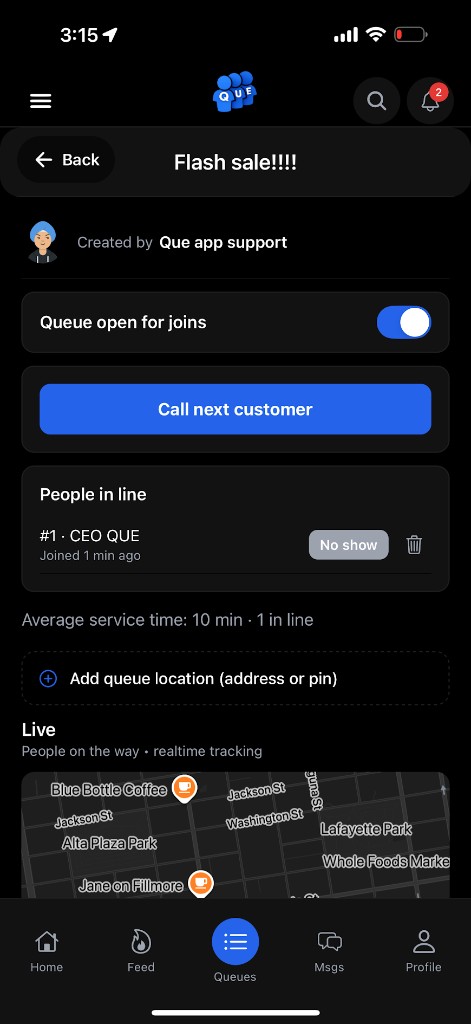 Queue detail — Lunch Rush, Blue Harbor Cafe, live line